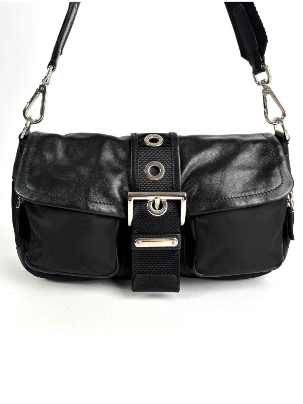 Prada Black Leather and Nylon Crossbody Bag with Buckle Strap